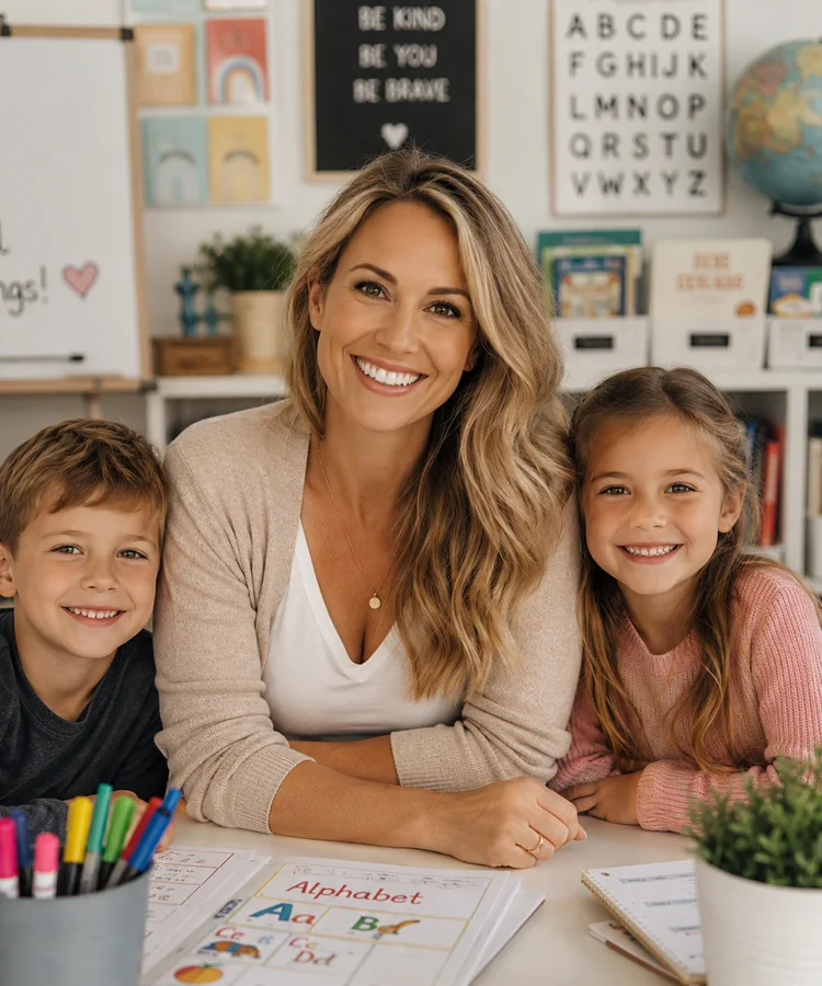 Emma Carter at a bright learning table with her two children, alphabet posters on the wall