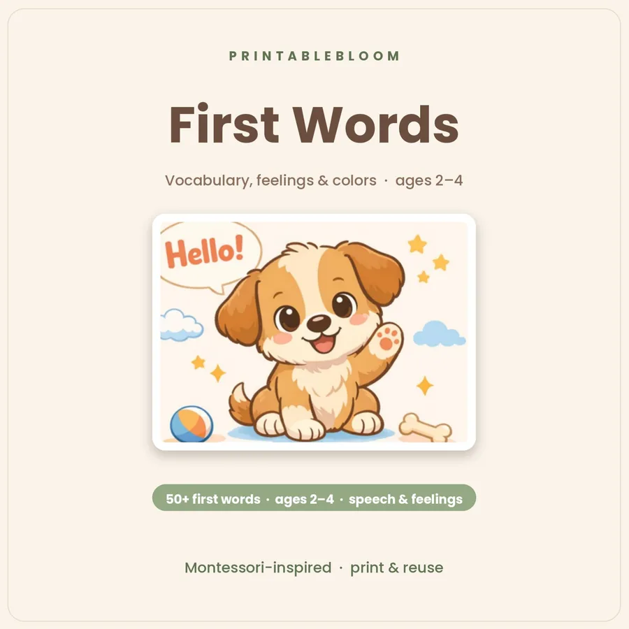 First Words printable pack cover — vocabulary, feelings and colors for ages 2–4