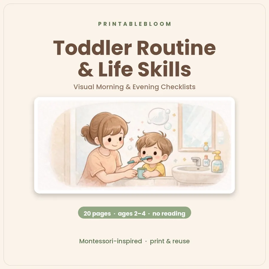 Toddler Routine and Life Skills printable pack — visual morning and evening checklists for ages 2–4